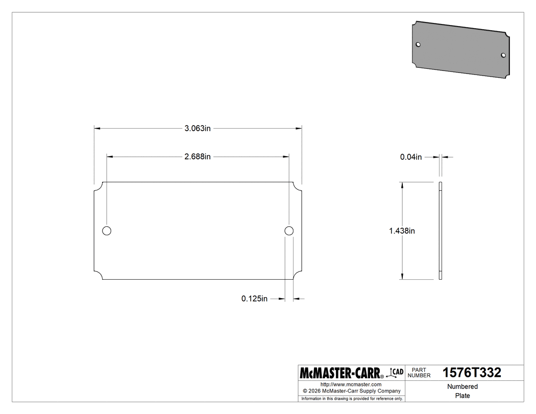 Technical Drawing of Numbered Plate, with Message, 304 Stainless Steel, 1-7/16" High x 3-1/16" Wide.